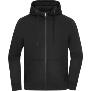 An oversized hooded jacket in black, featuring a zip front and a front pocket. It has a logo on the design.