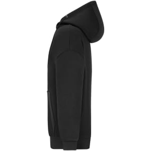 An oversized black hooded jacket with a kangaroo pocket and a smooth finish, featuring a logo.