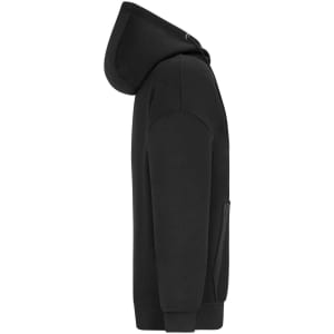 An oversized jacket in black with a hood and side pockets, featuring a logo on the front.