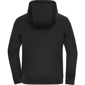 An oversized hooded jacket in solid black, featuring a spacious hood and a relaxed fit.
