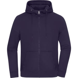 An oversized hooded jacket in navy blue with a zip front and pockets. It features a drawstring hood and a logo.