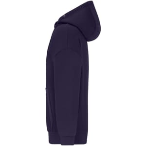 A navy oversized hooded jacket featuring a front pocket and a drawstring hood. It has a logo on the side.