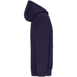 An oversized hooded jacket in navy blue, featuring a front pocket and a large hood. It includes a logo.