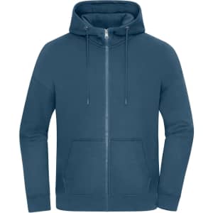 An oversized hooded jacket in a deep teal colour, featuring a zip closure and front pockets.