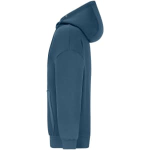 An oversized hooded jacket in a deep blue colour, featuring a hood and front pockets. It has a subtle logo.