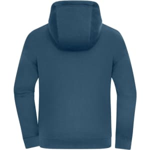 An oversized hooded jacket in a deep blue colour, featuring a large hood and a simple design.