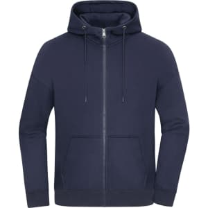An oversized hooded jacket in navy blue, featuring a full zip front and a front pocket. It has a logo on it.