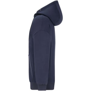 An oversized hooded jacket in navy blue, featuring a front pocket and a logo on the chest area.