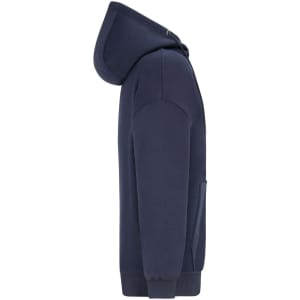 An oversized hooded jacket in navy blue, featuring a front pocket and a full hood. It has a simple logo on it.