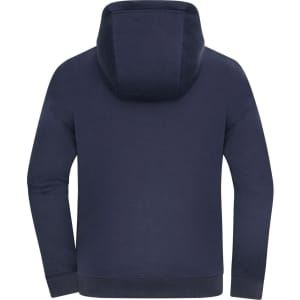 An oversized hooded jacket in navy blue, viewed from the back, featuring a simple design and a logo.