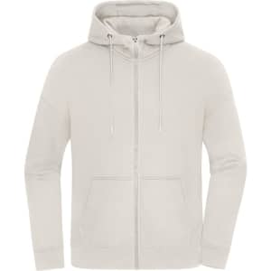 An oversized hooded jacket in a light grey colour, featuring a zip front and front pockets. It has a logo on it.
