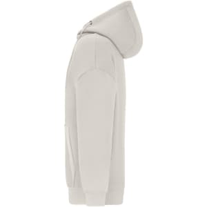 An oversized hooded jacket in a light grey colour, featuring a front pocket and a logo on the sleeve.