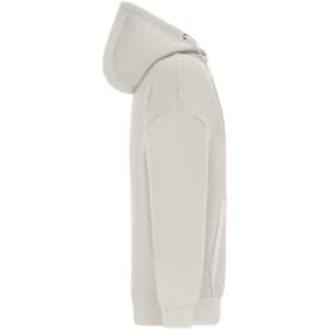 An oversized hooded jacket in light grey, featuring a front pocket and a hood. It has a simple design.