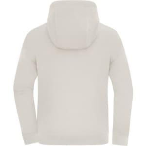 An oversized hooded jacket in a neutral tone, featuring a simple design and a logo on the back.