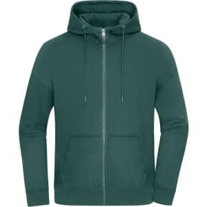 An oversized hooded jacket in a deep green colour, featuring a zip front and a pocket at the front.