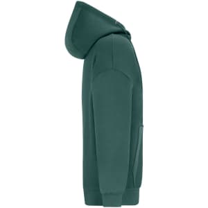 An oversized hooded jacket in a deep green colour, featuring a front pocket and a hood. It has a logo on the chest.