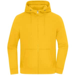 An oversized hooded jacket in bright yellow, featuring a front zipper and pouch pockets. It has a logo on the chest.
