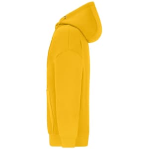 A yellow oversized hooded jacket displayed from the side, featuring a hood and front pocket. It has a logo on it.