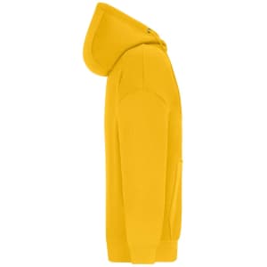 An oversized hooded jacket in vibrant yellow, featuring a side view and a pocket detail. It has a logo on it.