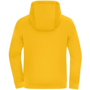 A yellow oversized hooded jacket, featuring a simple design with a large hood and long sleeves.