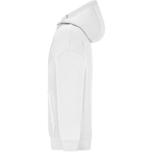 An oversized white hooded jacket featuring a side view and a front pocket. It has a logo on the design.