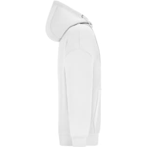 An oversized white hooded jacket with a kangaroo pocket and a drawstring hood, featuring a logo on the side.