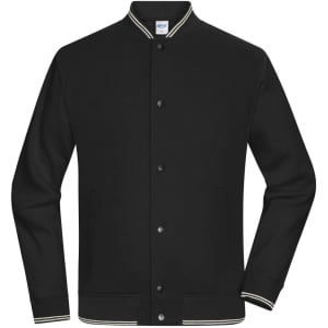 A black varsity jacket featuring a ribbed collar and cuffs, with a logo visible on the chest area.