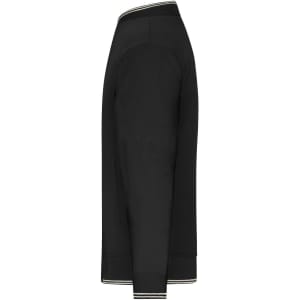 A black varsity jacket featuring a ribbed collar and cuffs, with a side profile view showcasing its sleek design.