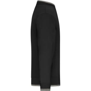 A black varsity jacket with a ribbed collar and cuffs, featuring a logo on the sleeve.