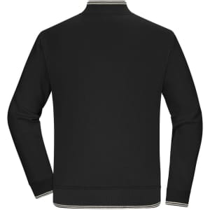 A black varsity jacket featuring a ribbed collar and cuffs, with a logo on the back.