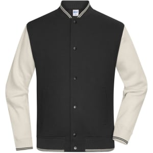 A varsity jacket featuring a black body and cream sleeves, with a ribbed collar and button closure.