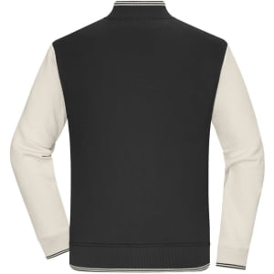 A varsity jacket featuring a black body with cream-coloured sleeves, complete with a ribbed collar and cuffs.
