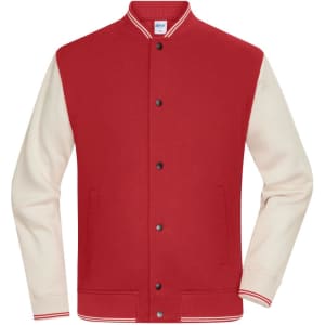 A varsity jacket featuring a red body and cream sleeves, with a ribbed collar and buttons. It has a logo on the tag.