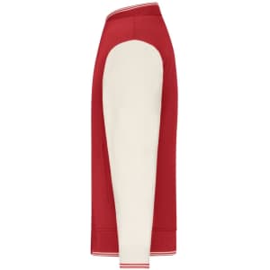A varsity jacket featuring a red body and cream sleeves, with a ribbed collar and cuffs. It has a logo.
