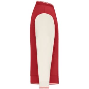 A varsity jacket featuring a red body and cream-coloured sleeves, with ribbed detailing at the collar and cuffs.