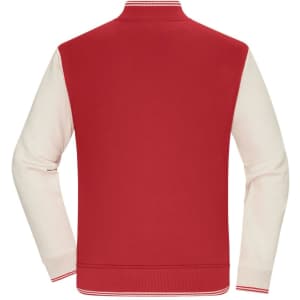 A varsity jacket featuring a red body with cream-coloured sleeves and ribbed cuffs, complete with a collar.