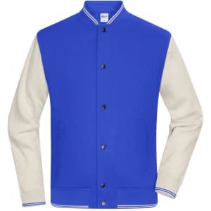 A blue varsity jacket with cream sleeves, featuring a snap button closure and a ribbed collar.