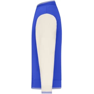 A blue and cream varsity jacket with a ribbed collar and sleeves. The jacket features a logo on one side.