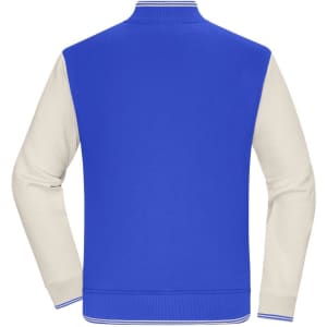 A varsity jacket featuring a blue body and cream sleeves, with a ribbed collar and cuffs. Includes a logo.