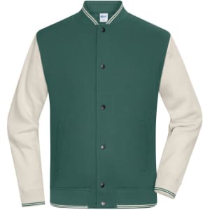 A green varsity jacket with cream sleeves and a ribbed collar, featuring a logo on the label.