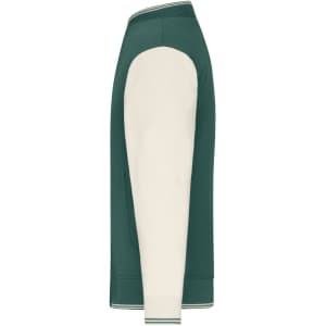 A varsity jacket in green and cream, featuring a sleek design and a logo on the front.