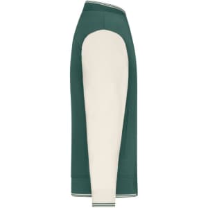 A varsity jacket featuring a green body and cream sleeves, with a logo on the chest. Available in sizes.
