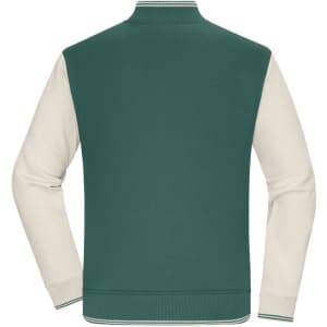 A varsity jacket featuring a green body with cream sleeves and a striped collar, complete with a logo.