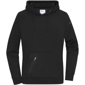 A black hooded jumper featuring a front pocket and a logo on the sleeve. Perfect for casual wear.