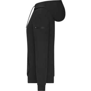 A black ladies hoodie with a zippered pocket on the sleeve and a drawstring hood. It features a sleek, modern design.