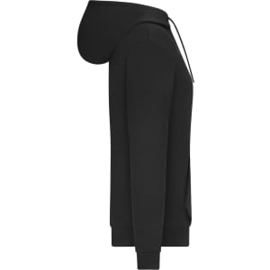 A black ladies hoodie featuring an interlock design and a hood, displayed from the side. It has a logo.