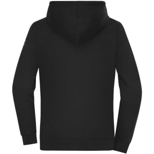 A black hoodie with an interlock design, featuring a hood and long sleeves, displayed from the back.
