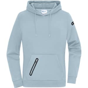 A light blue hoodie with a front pocket and a zippered detail, featuring a logo on one sleeve.