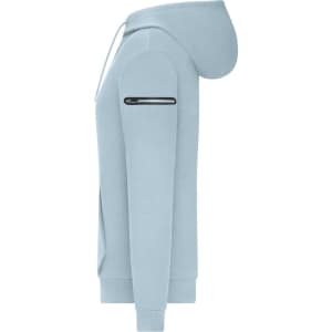 A light blue ladies' hoodie with a zip pocket on the sleeve and a hood. It features a logo.