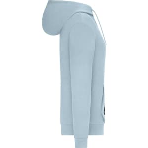 A light blue ladies hoodie with a front pocket and drawstring hood, featuring a logo on the side.